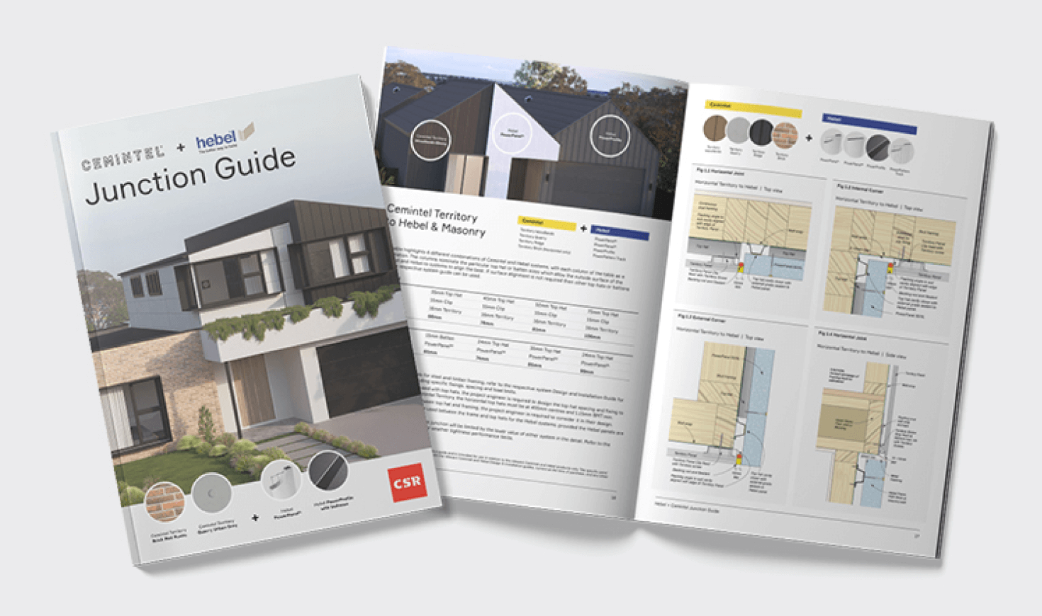 Junction-guide-mockup_image-hebel Image of a "Cemintel + Hebel Junction Guide" booklet. The cover shows a modern house, and the booklet is open to pages with diagrams and color samples for construction details.